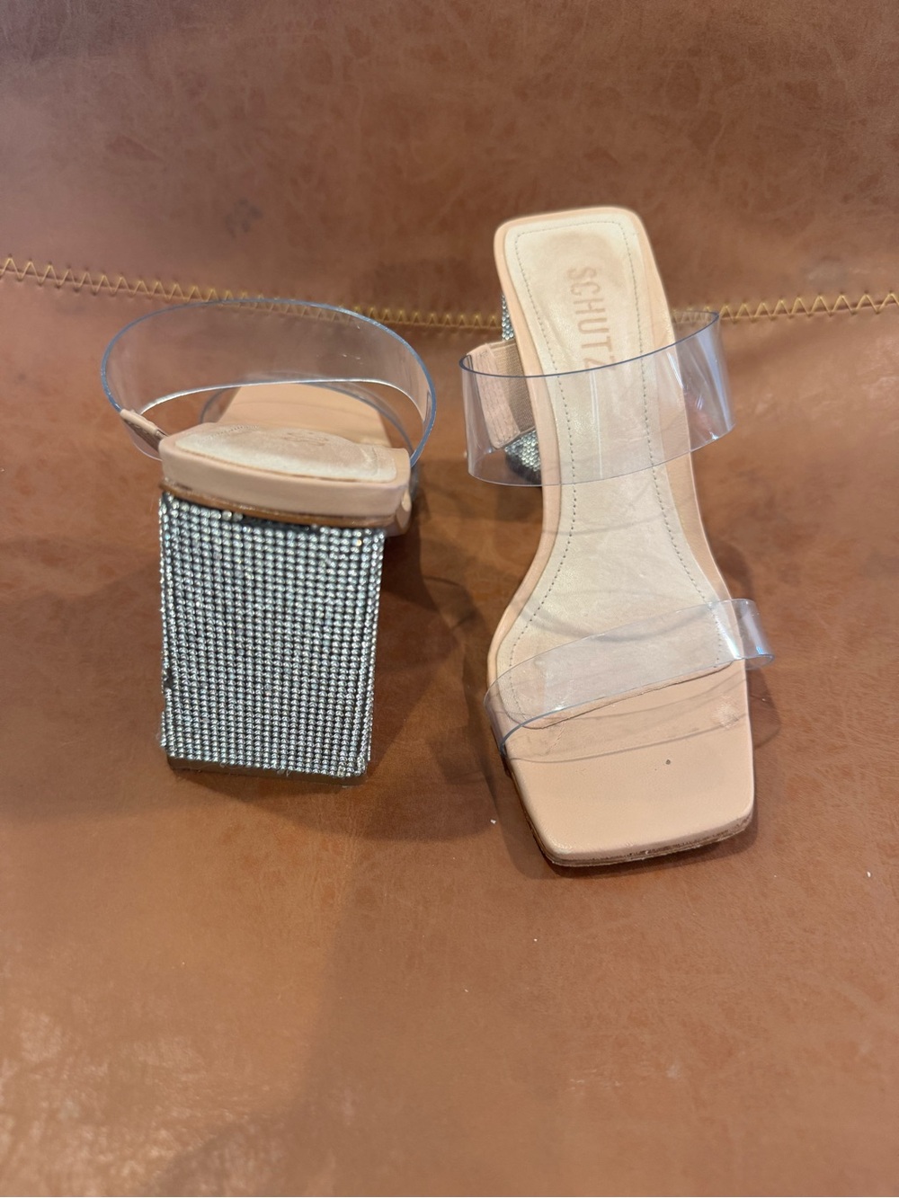 SCHUTZ Nude Clear Strap Rhinestone Block Heel Sandals